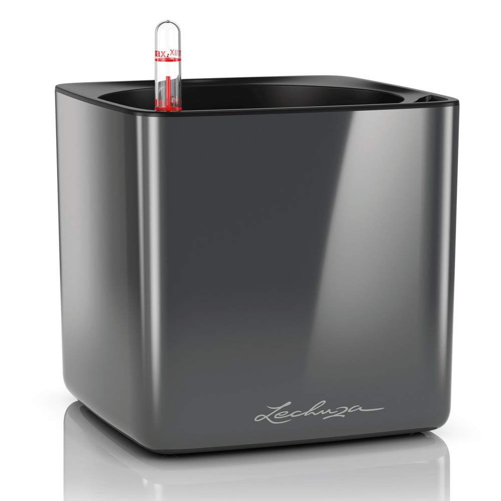 LECHUZA Self Watering Plant Pots Indoor CUBE Glossy 16 Small Plastic Planter without Drainage Hole H16 L16 W16 cm Charcoal High-Gloss