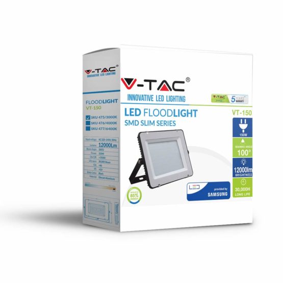 V-TAC 150 Waterproof Outdoor Security LED Floodlight with Samsung LED 1-metre wire Black Body Grey Glass IP65 4000K Day White 12000 lumens [Energy Class A+] - Image 2