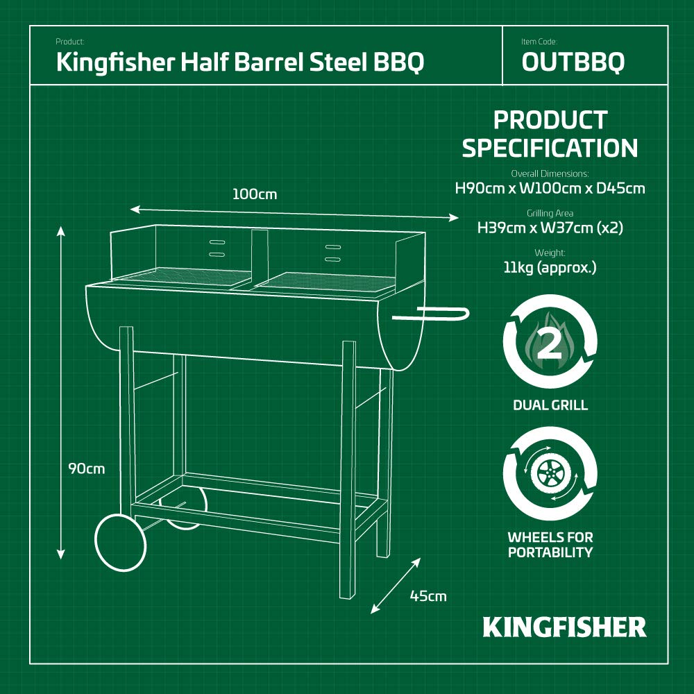 Kingfisher OUTBBQ Half Drum Barrel Steel BBQ Barbecue, Transparent - Image 2