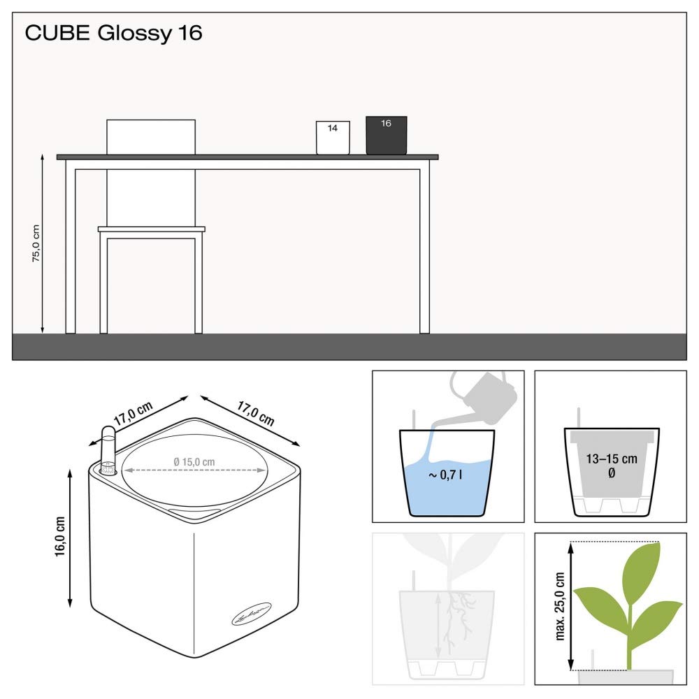 LECHUZA Self Watering Plant Pots Indoor CUBE Glossy 16 Small Plastic Planter without Drainage Hole H16 L16 W16 cm Charcoal High-Gloss - Image 4