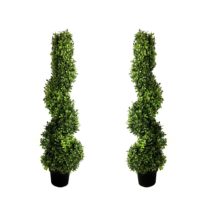 2x Artificial Spiral Boxwood Topiary Trees, Green, 3 ft