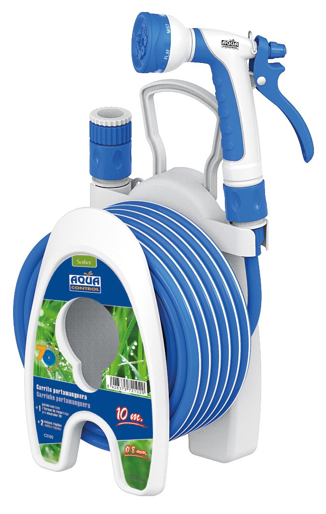 Aqua Control C2102 Irrigation Set for Patios and Terraces Hose + Hose Cart, Blue, Diameter 8 mm, Diámetro de 8 mm