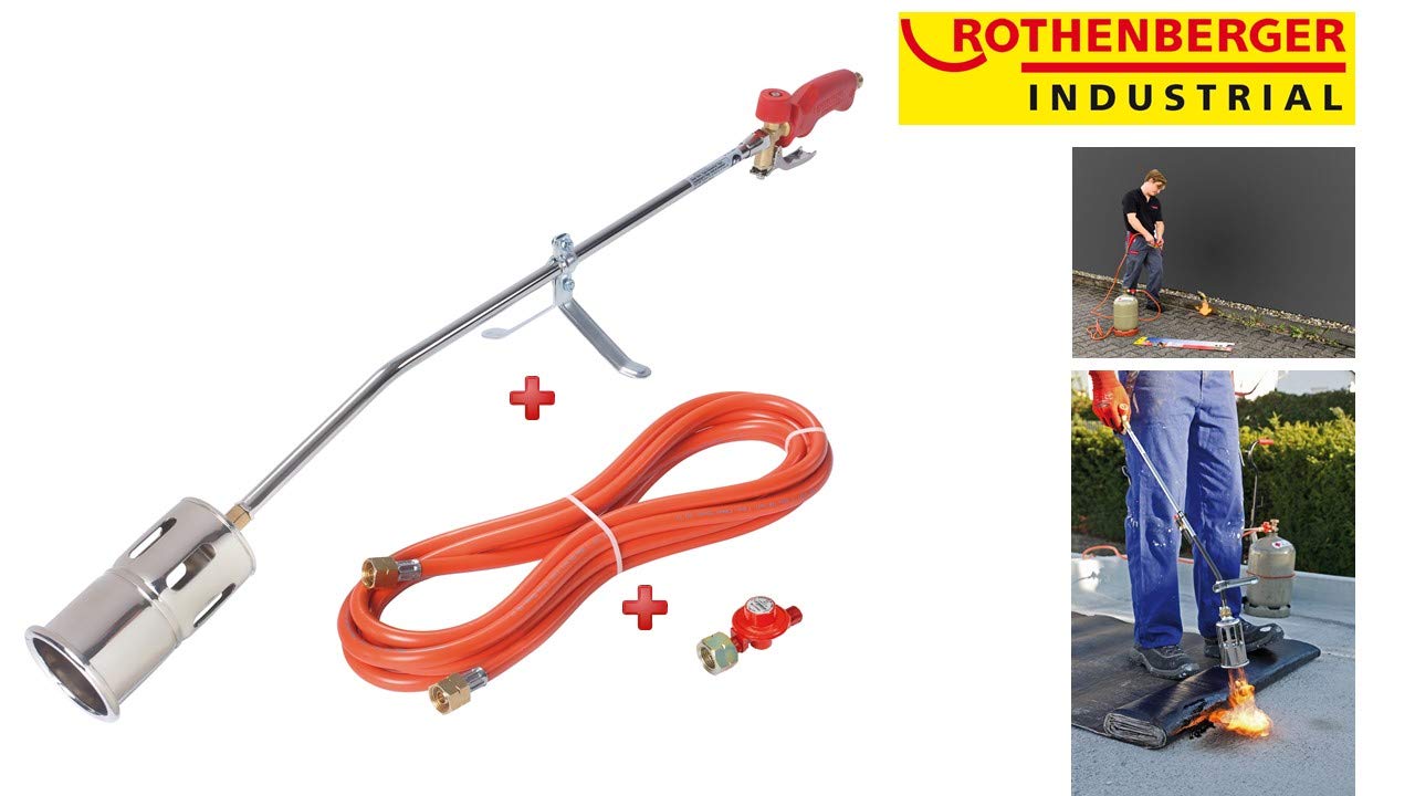 ROTHENBERGER Industrial RoMaxi Premium - Abflammgerät 030957E inkl. 5m Propan Gas Schlauch & Propan Konstantregler, Brenner, Unkraut Vernichter, Dach- und Bitumenbahnen