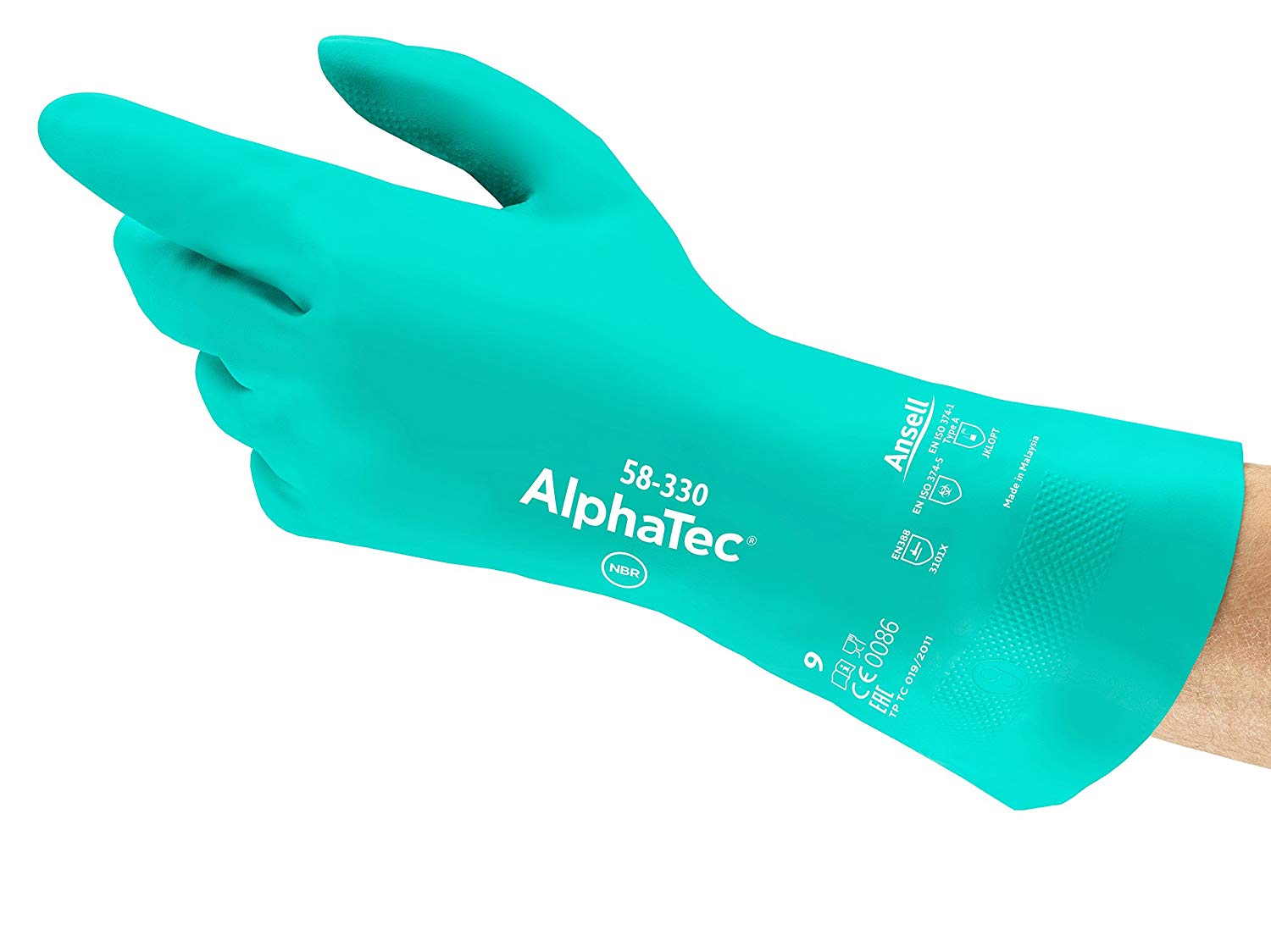 Ansell AlphaTec 58-330 Chemical-Resistant Gloves, in Nitrile, Long Work Glove Anti-Abrasion, Mechanical and Industrial Uses, Green, Size 10 (12 Pairs)
