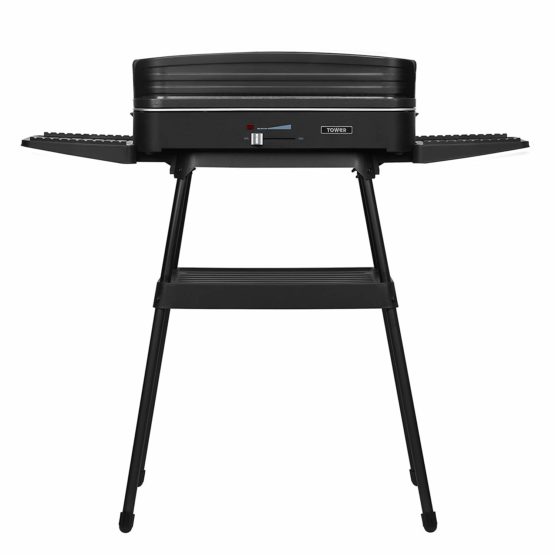 Tower T14028 Electric Indoor and Outdoor Party BBQ Grill with Easy Clean Non- Stick Coated Aluminum Grill Plate, Adjustable Thermostat Control, Windshield and Stand, 2200 W, Black