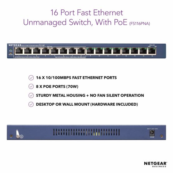 Netgear ProSAFE 16-Port 10/100 Fast Ethernet Unmanaged Switch with 8x POE - Image 2