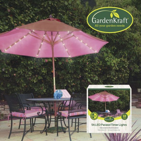 GardenKraft 17660 54 LED Parasol Timer Lights | Warm White |Auto Timer Functionality | Indoor/Outdoor String Lights