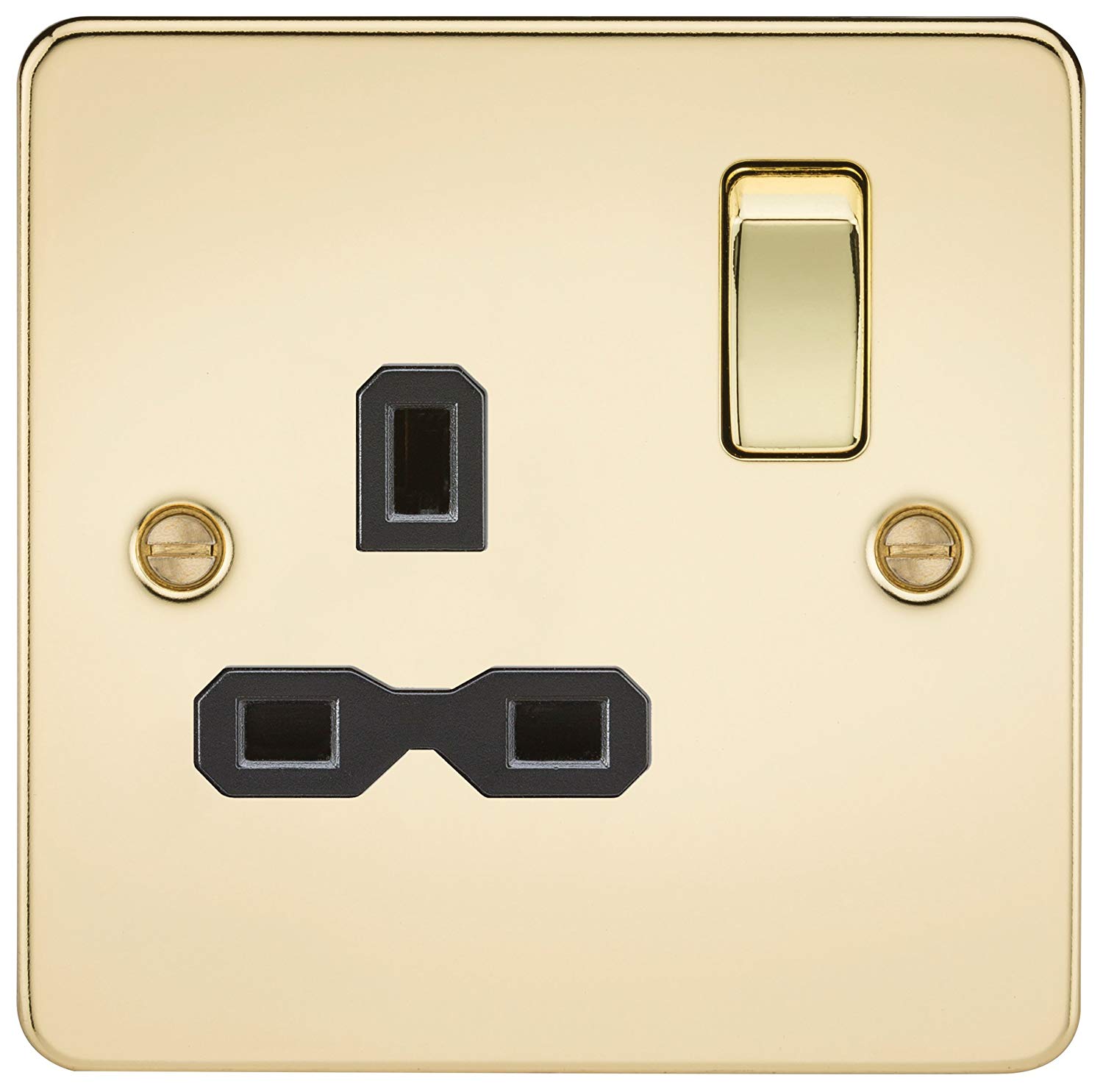 Knightsbridge FP7000PB Flat Plate Single Socket in Polished Brass with Black Insert, 8.75 cm*8.75 cm*2.5 cm