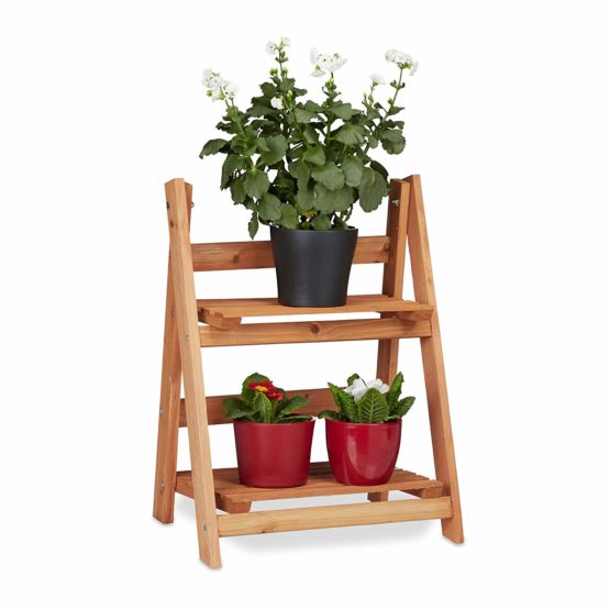 Relaxdays Wooden Flower Display Rack, Indoor Flower Stand, 2-Tier, Plant Stairs, Foldable, HxWxD: 51 x 41 x 25 cm, Brown