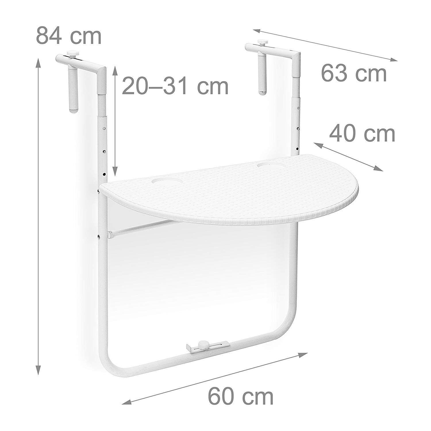 Relaxdays BASTIAN Attachable Balcony Table, 60 x 40 cm, 3 Levels, Adjustable, Rattan Look, White - Image 2