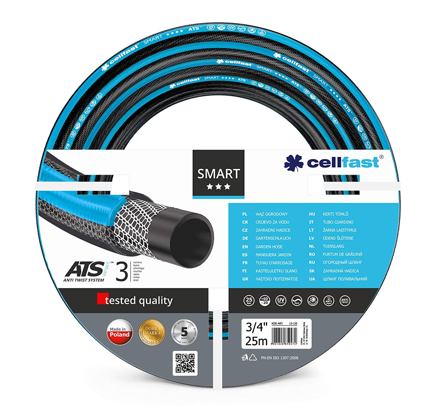 Cellfast Garden Hose SMART 3/4” 25m, Flexible and Three-layer Hose, Resistance to UV, Internal Part Resistant to Algae, 13-120