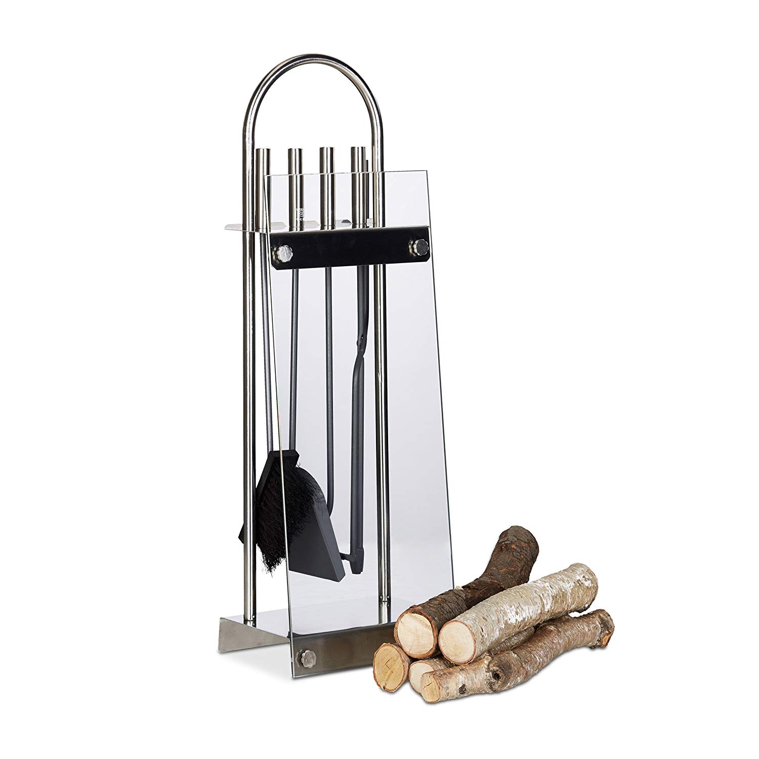Relaxdays Stainless Steel Fireplace Companion Set, 5-Piece Fire Irons Kit, Stand, Shovel, Broom, Tongs, Poker, Steel, Glass, Silver
