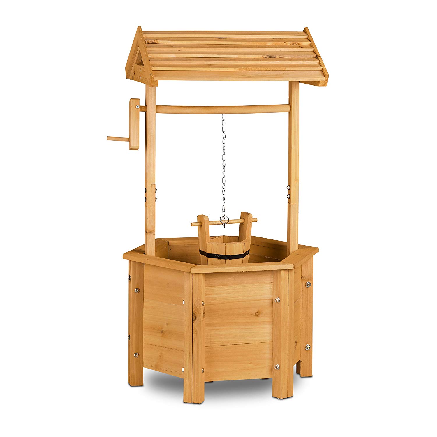 Relaxdays, Decorative Garden Well, Wooden, Crank, Bucket, HxWxD: 82 x 47 x 41 cm, Wishing Well, Garden Decor, Natural Brown
