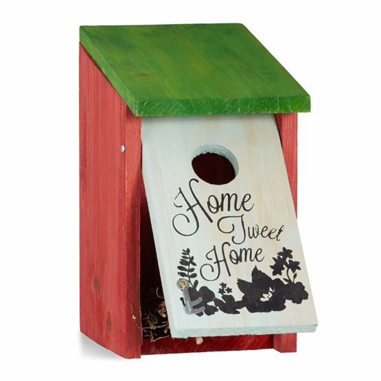 Relaxdays Nesting Box, Small Birds, Tweet Home Print, Wooden, Hanging, Decor, HxWxD: 21.5 x 12 x 15.2 cm, Red-Green, 15.2x12x21.5 cm