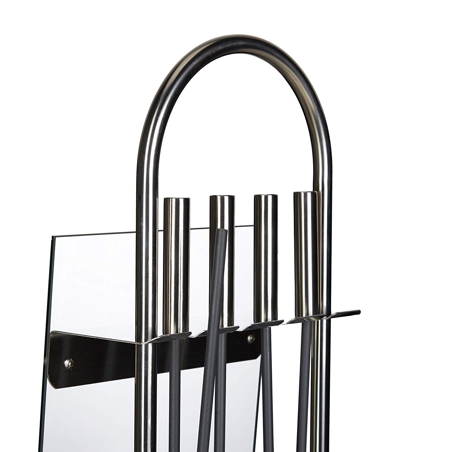 Relaxdays Stainless Steel Fireplace Companion Set, 5-Piece Fire Irons Kit, Stand, Shovel, Broom, Tongs, Poker, Steel, Glass, Silver - Image 3