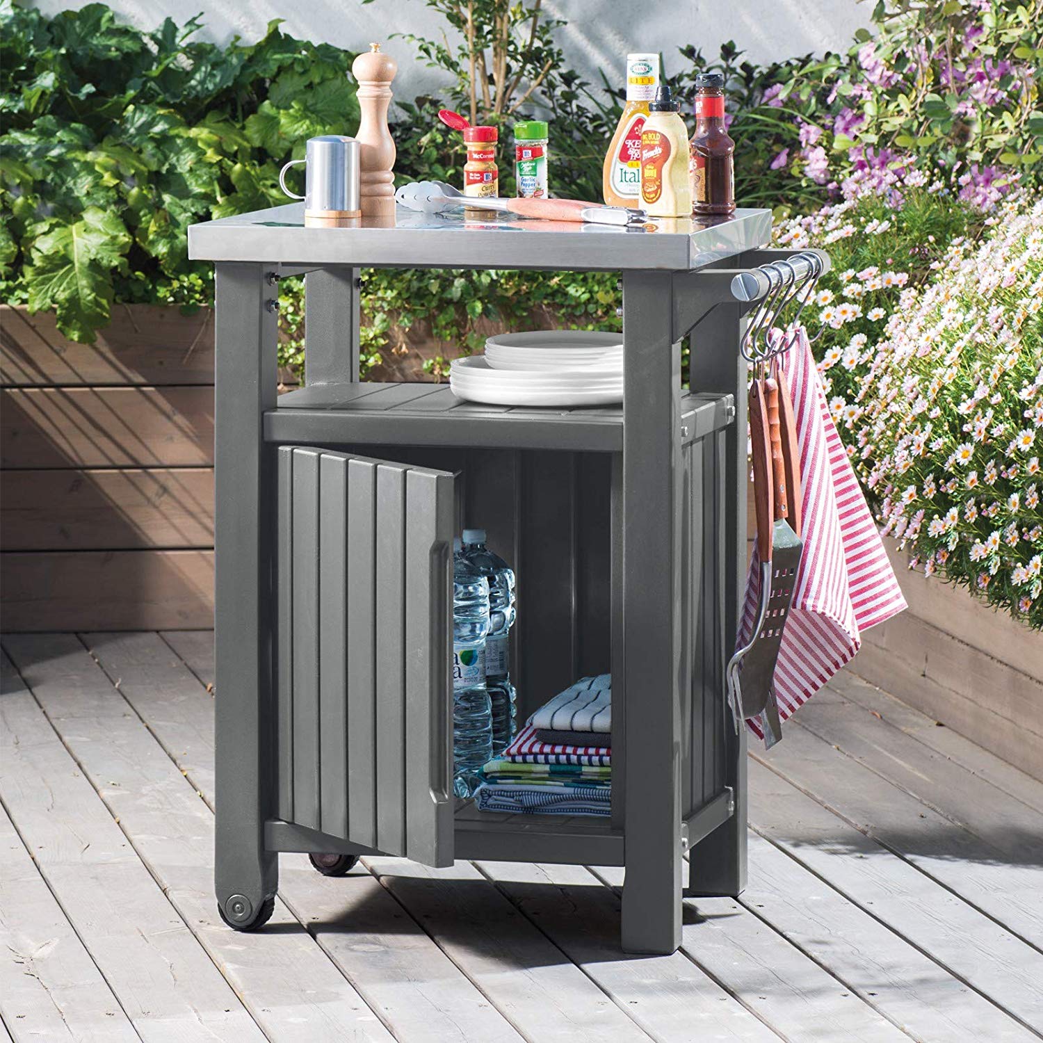 Keter Barbecue Side Table with Single Door, Graphite, 54 x 70 x 90 cm ...