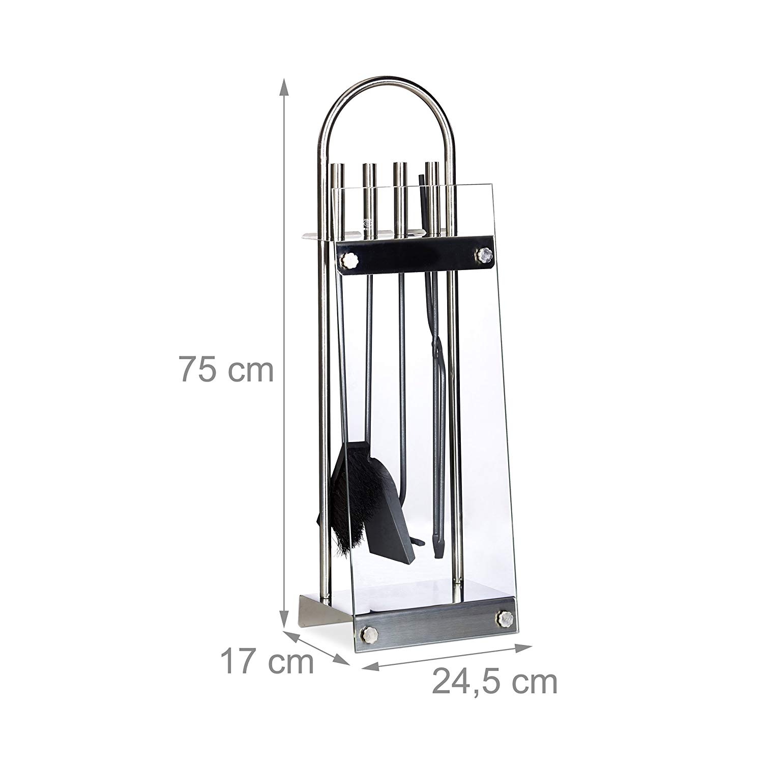Relaxdays Stainless Steel Fireplace Companion Set, 5-Piece Fire Irons Kit, Stand, Shovel, Broom, Tongs, Poker, Steel, Glass, Silver - Image 2