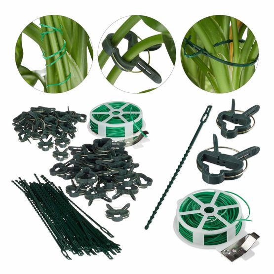 Relaxdays Plant Growing Supports, Stable Plant Clips, Twist Ties, Binding Wire Reel with Cutter, Green