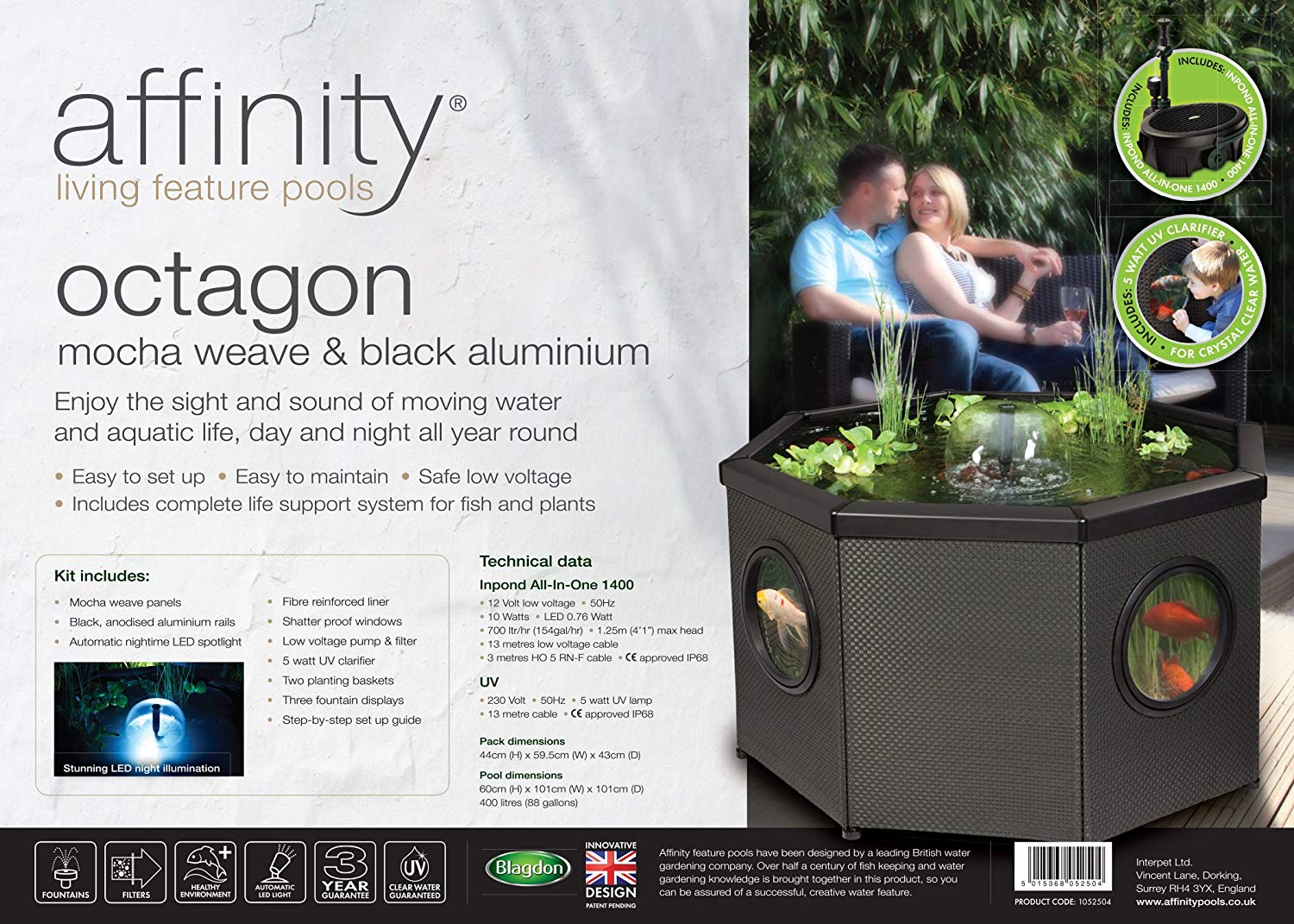 Blagdon Affinity Octagon Living Water Feature Patio Pool Pond, Mocha, with Inpond 5-in-1 3000 Filter Pump & UV Clarifier, LED Spotlight - Image 2