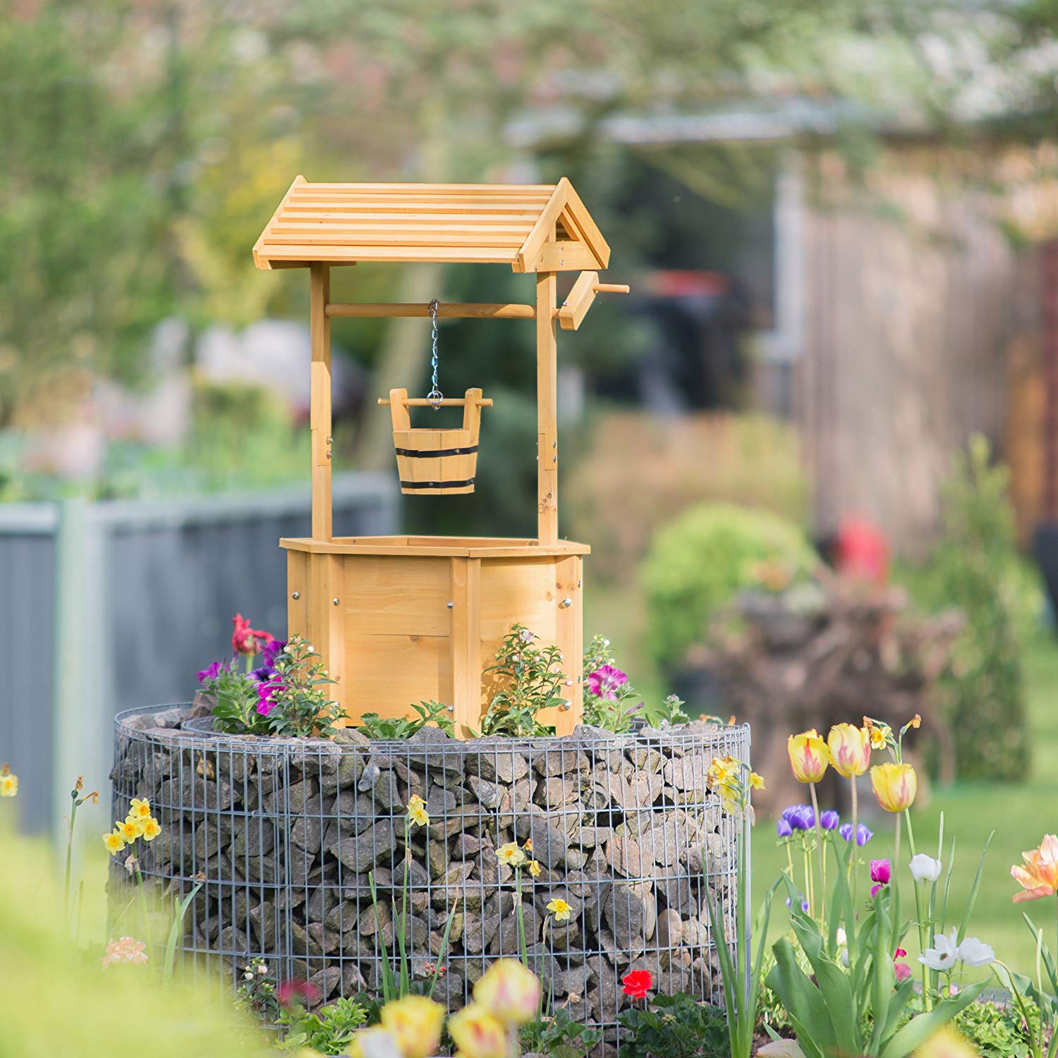 Relaxdays, Decorative Garden Well, Wooden, Crank, Bucket, HxWxD: 82 x 47 x 41 cm, Wishing Well, Garden Decor, Natural Brown - Image 2