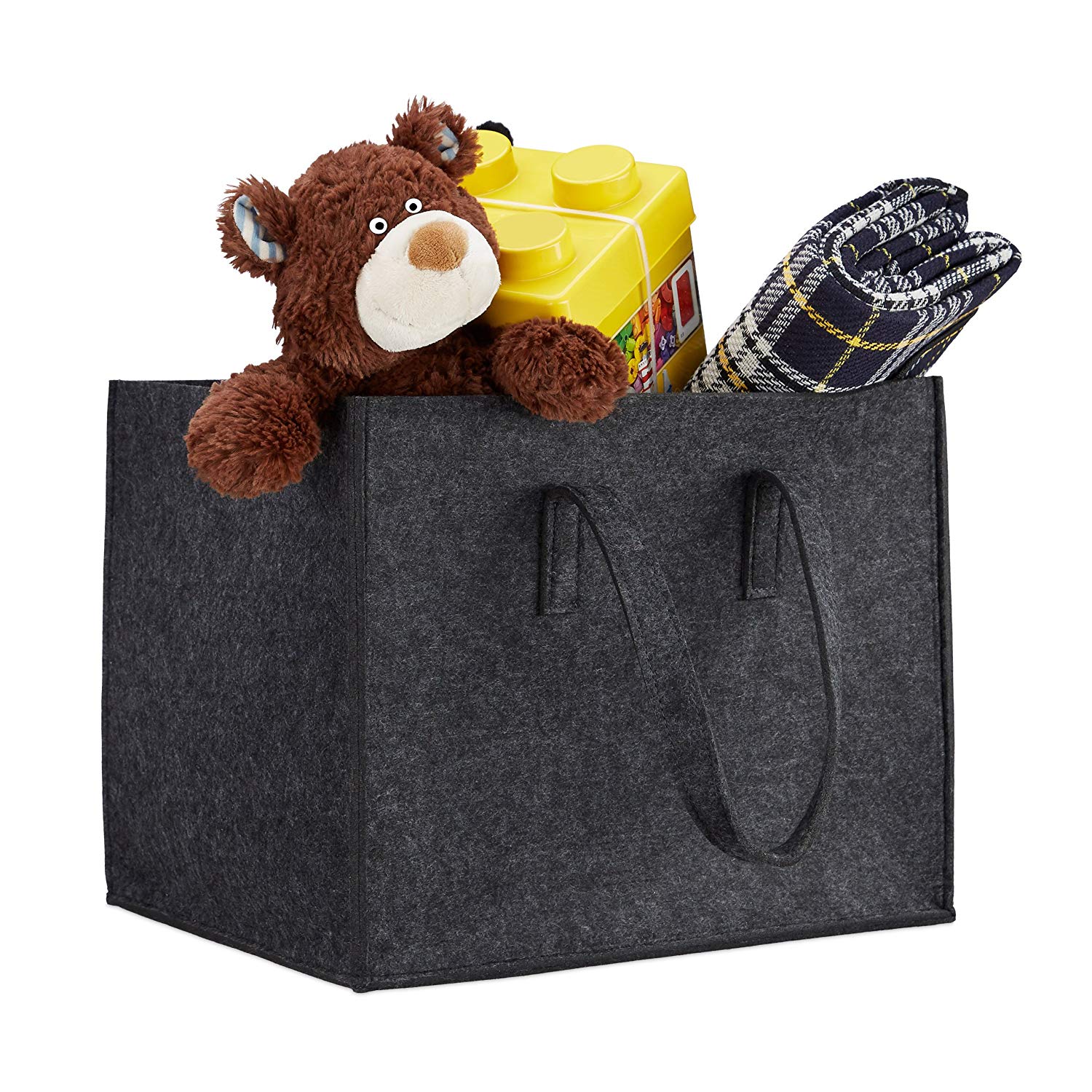 Relaxdays Felt Firewood Basket, HxWxD: 34.5 x 43 x 36.5 cm, 2 Handles, Foldable, Newspaper Holder, Dark Grey - Image 3