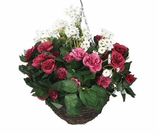Closer2Nature Artificial Pink Rose and White Daisy Display in a 10" Round Willow Hanging Basket