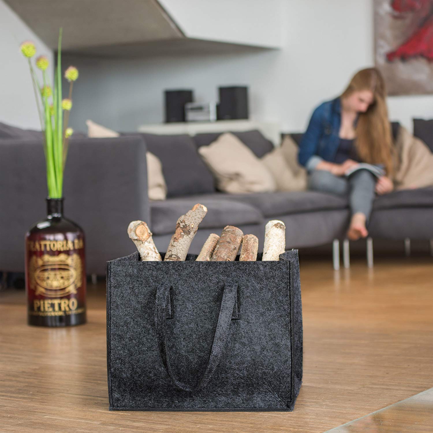 Relaxdays Felt Firewood Basket, HxWxD: 34.5 x 43 x 36.5 cm, 2 Handles, Foldable, Newspaper Holder, Dark Grey - Image 2