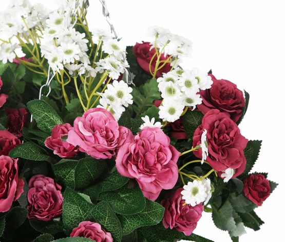 Closer2Nature Artificial Pink Rose and White Daisy Display in a 10" Round Willow Hanging Basket - Image 4