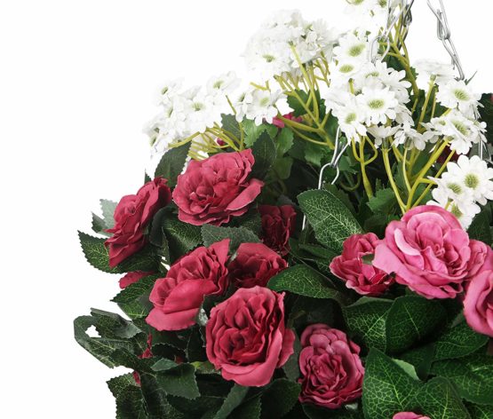 Closer2Nature Artificial Pink Rose and White Daisy Display in a 10" Round Willow Hanging Basket - Image 2