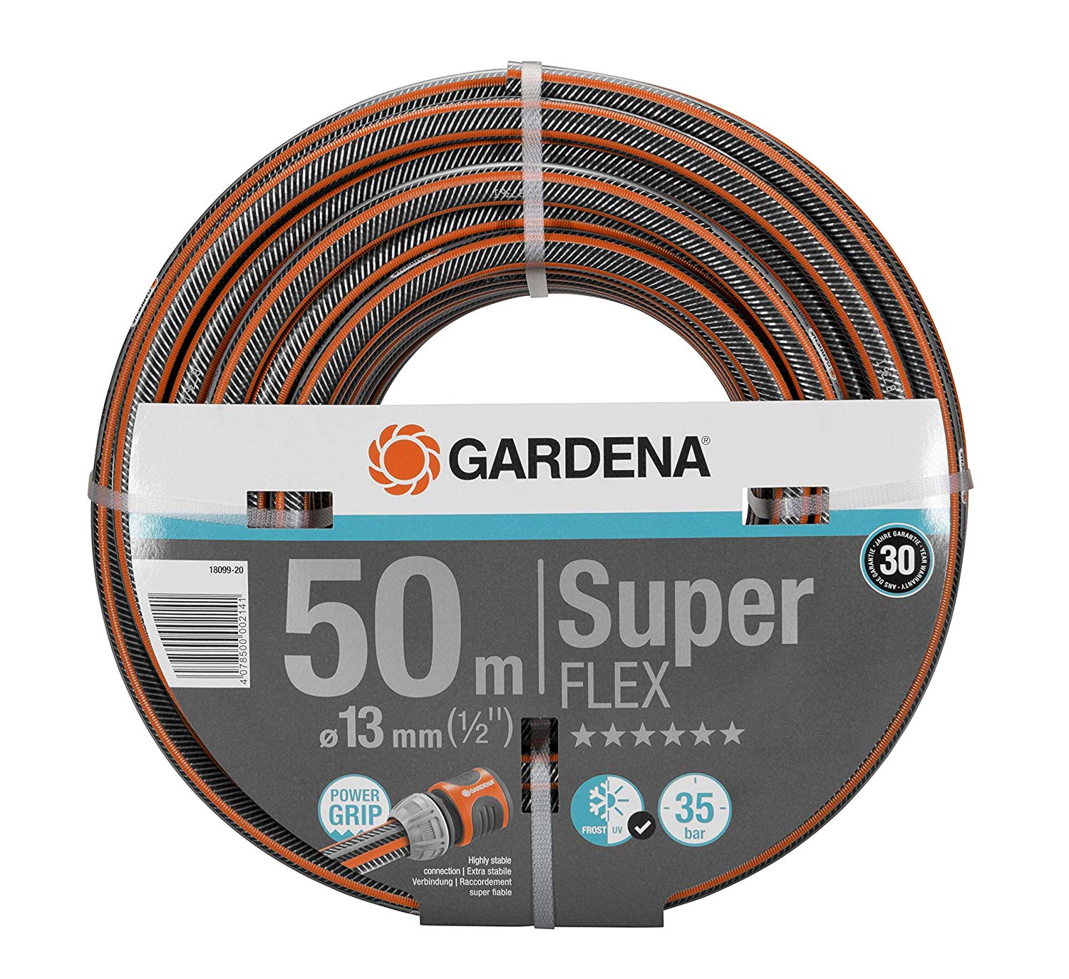 Gardena Premium Superflex Hose, 13 mm (1/2 inch), 50 m: Garden Hose with Power Grip Profile, 35 bar Burst Pressure, Highly Flexible