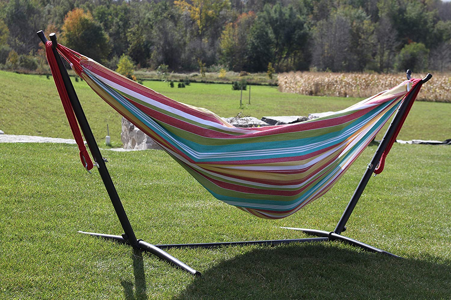 Vivere UHSDO8-26 Double Cotton Hammock with Space-Saving Steel Stand Including Carrying Bag, Salsa - Image 2