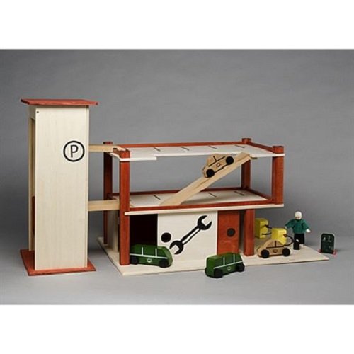 Rülke Holzspielzeug 23166 Car Park with Garage, Wood Colour, Red, Black, 36x64x44 centimeter