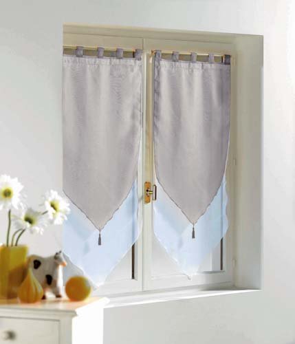 Douceur d'Interieur Voile Bicolour 2-Net Curtain Pompon, Blanc/Gris, W 23.6" x L 63" (2 Panels)