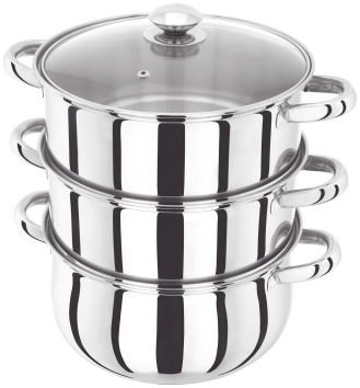 Judge Essentials Stainless Steel 3 Tier Steamer 24cm, Vented Glass Lid, Integral Casserole Pot, Oven Safe, Induction Ready