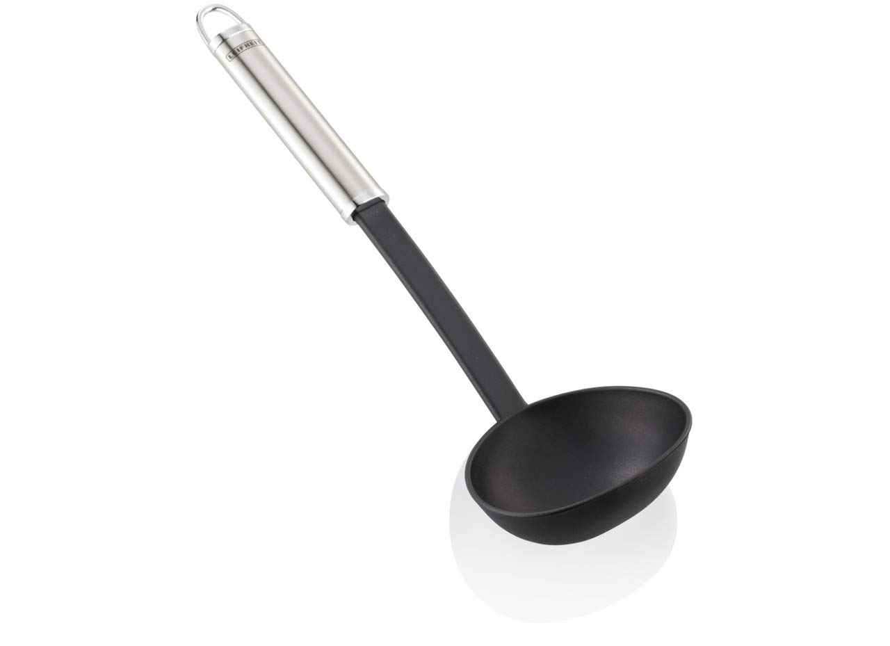 Leifheit Large Ladle Stainless Steel, Ideal for a Punch Bowl ladle or Soup Ladle in Silver/Black and Dishwasher Safe