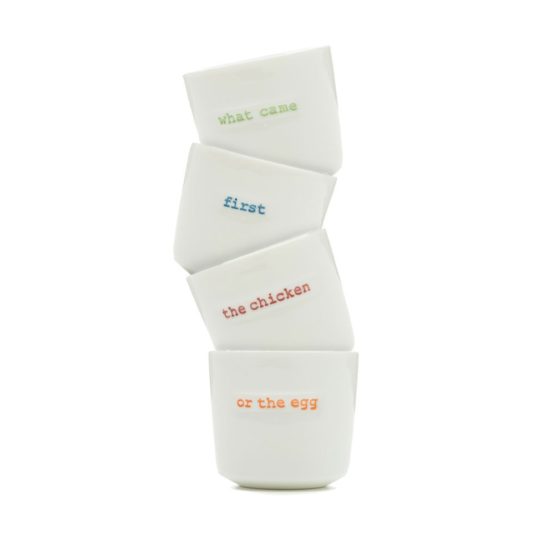 Keith Brymer Jones Word Range Cups Set of 4, What Came First The Chicken or The Egg
