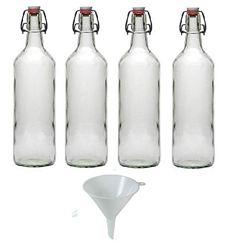 Viva Haushaltswaren 4 Glass Bottles 1 l with Swing Tops for Self-Filling incl. A White Filling Funnel Diameter 12 CM