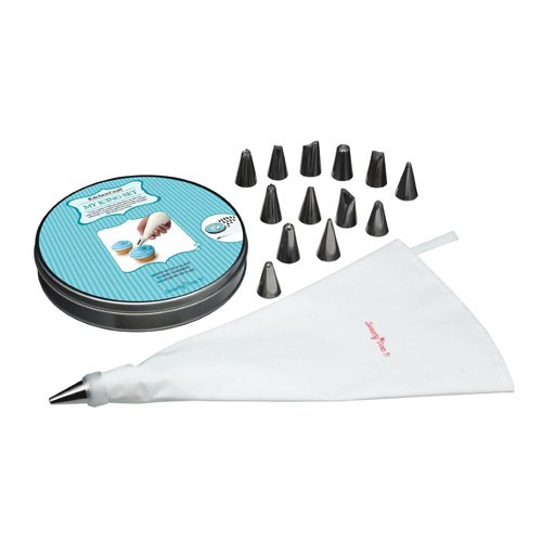 KitchenCraft Sweetly Does It Piping Bag and Nozzles in Storage Tin, 16 Piece Cake Decorating Gift Set, Silver