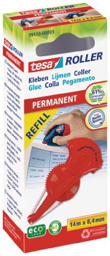 tesa Permanent Glue Roller ecoLogo Environmentally Friendly, 14 m x 8.4 mm - Refill - Pack of 5, red
