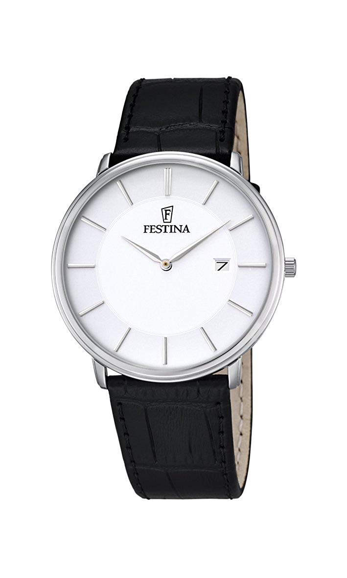 Festina CLASSIC Men's Quartz Watch with White Dial Analogue Display and Black Leather Strap F6839/2, White/Black