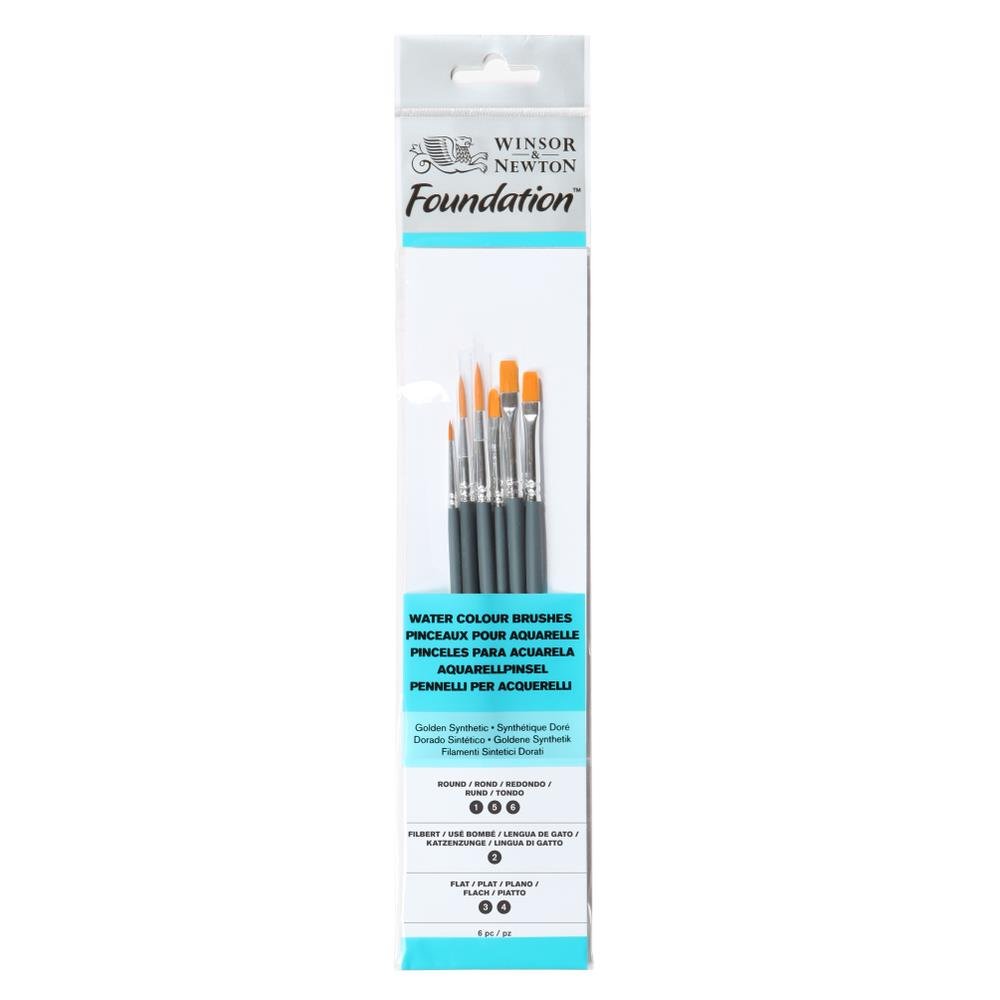 Winsor & Newton Foundation Water Colour Short Handle 6 Pack Brush, Wood, Multicoloured, 7 x 1 x 4.3 cm