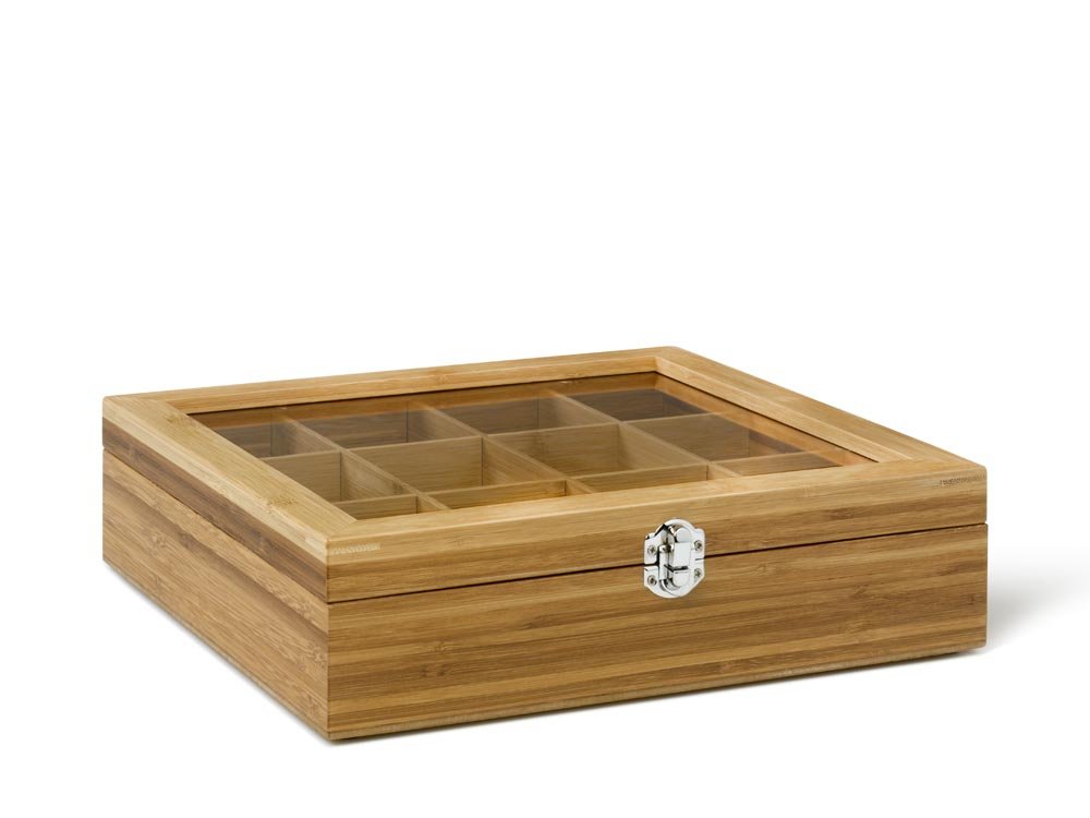 Bredemeijer 12-Compartment Bamboo Tea Box with Window, Brown TB012BN, Wooden Tea Box 12 Compartments Window