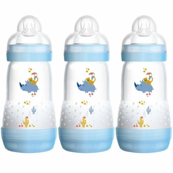 MAM Easy Start Self Sterilising Anti-Colic Baby Bottle Pack of 3 (3 x 260 ml), Anti-Colic Bottle with Medium Flow MAM Teats, Newborn Essentials, Blue (Designs May Vary)