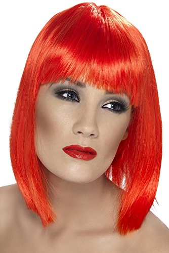 Smiffys Glam Wig, Neon Red Short, Blunt with Fringe, Ladies Glamour Wigs Fancy Dress, Adult Dress Up Wigs