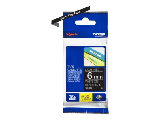 Brother TZe-315 Labelling Tape Cassette, 6 mm (W) x 8 m (L), Laminated, Brother Genuine Supplies - White on Black