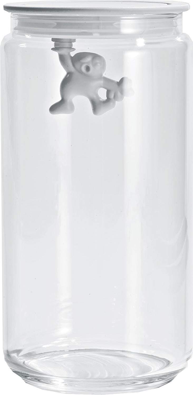 Alessi AMDR06 W Glass Gianni Jar A Little Man Holding On Tight Large Kitchen Box with Hermetic Lid in Thermoplastic Resin