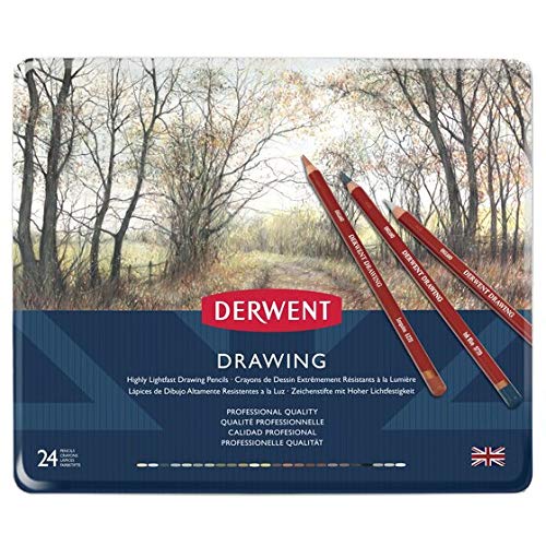 Derwent Drawing Pencils, Set of 24 in Tin, 5mm Round Core, Premium Core Strength, Creamy Texture