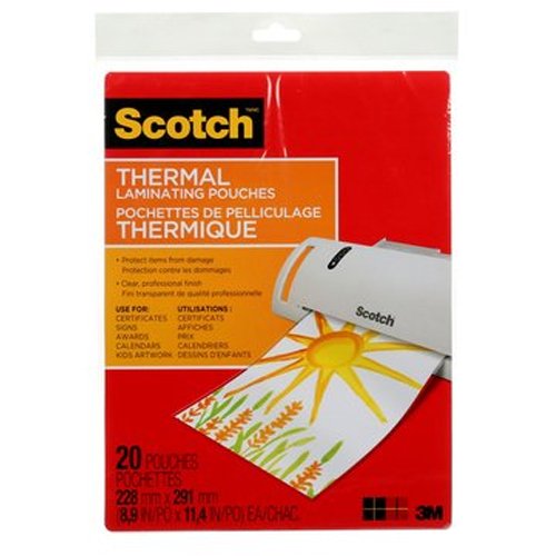Scotch Letter size thermal laminating pouches, 3 mil, 11 1/2 x 9, 20/pack, Transparent, 20-Pack