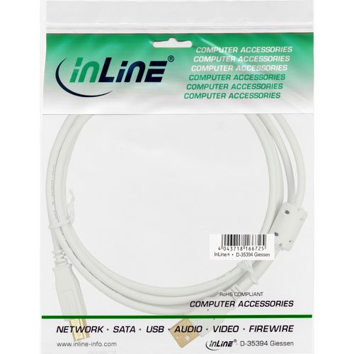 InLine 34555W A to B USB 2.0 Cable (5m) with Ferrite Core White/Gold, White,Gold, 1 Stück - Image 2