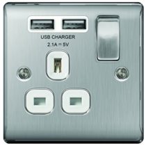 BG Electrical nbs21u2w Single Switched Fast Charging Power Socket with USB Charging Ports, 13 A, Brushed Steel with White Inserts
